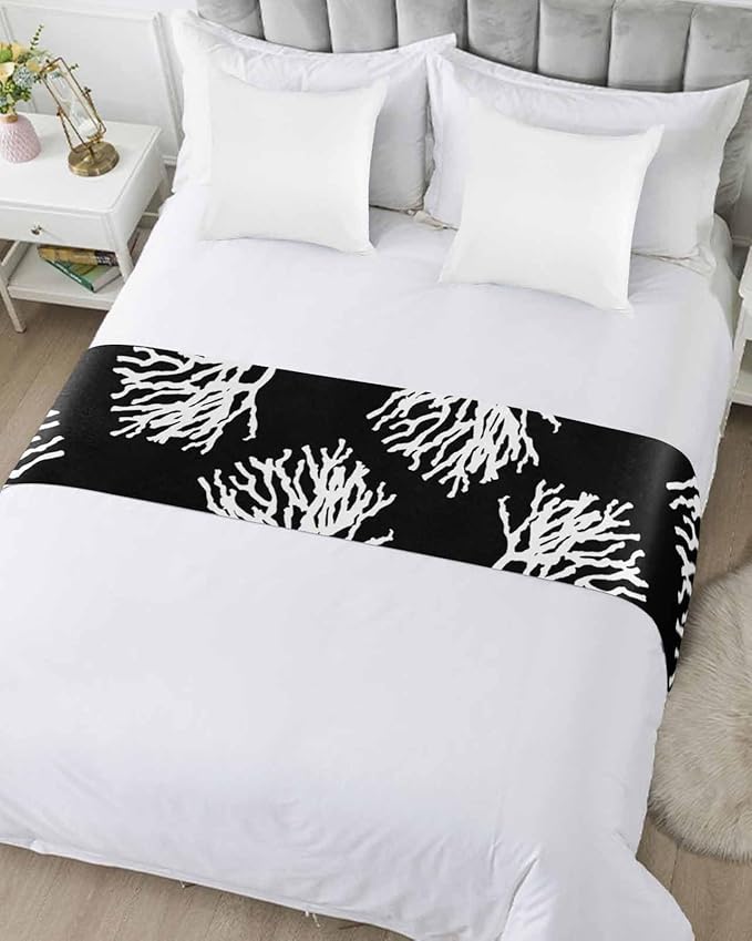 Coral Black Bed Runner Scarf for Queen Size Bed Foot,Decorative Bedding Accessory Stainproof & Dustproof Soft Protector For Bedroom Wedding Room Coastal White Ocean Marine Nautical Beach 94"x20"