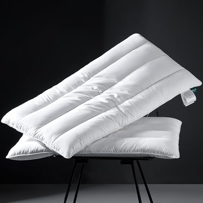 Three Geese Luxury Thin Flat Goose Feather Down Pillows Queen Size Set of 2, 2.5" Height, 100% Cotton Cover, Medium Firm Hotel Collection Ultra Slim Thin Bed Pillows, Machine Washable, 18 x 30 Inches