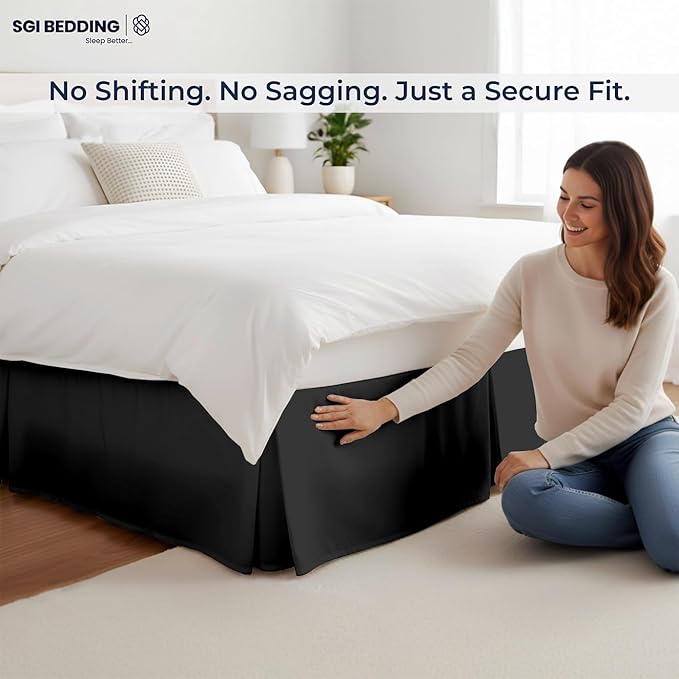 SGI bedding 13 inch Drop Bed Skirt Full Size - Platform Style with Secure Fit, Classic Tailored Look, Elegant Pleated Style Dust Ruffle, Split Corners, Wrinkle Resistant Microfiber - Black