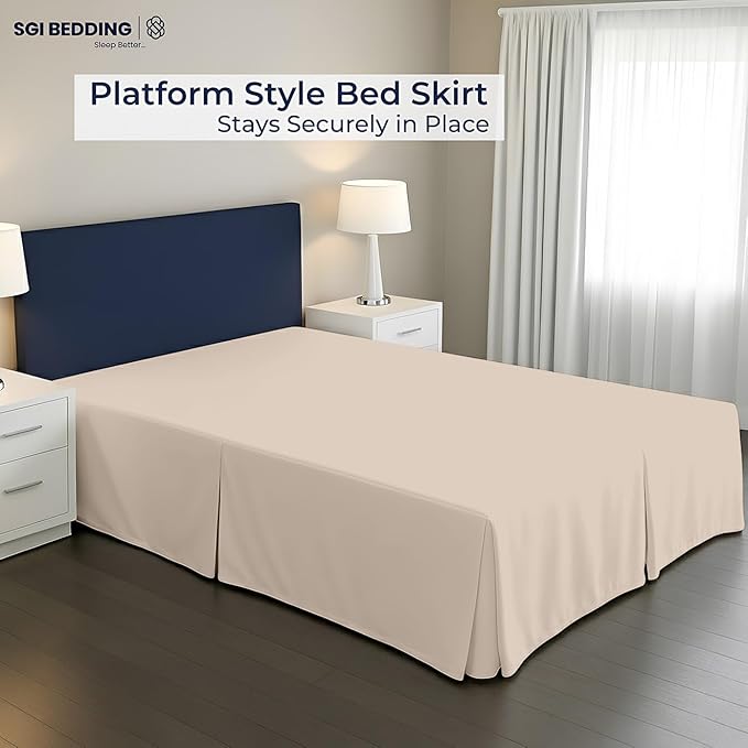 SGI bedding 14 inch Drop Bed Skirt Full Size - Platform Style with Secure Fit, Classic Tailored Look, Elegant Pleated Style Dust Ruffle, Split Corners, Wrinkle Resistant Microfiber - Beige