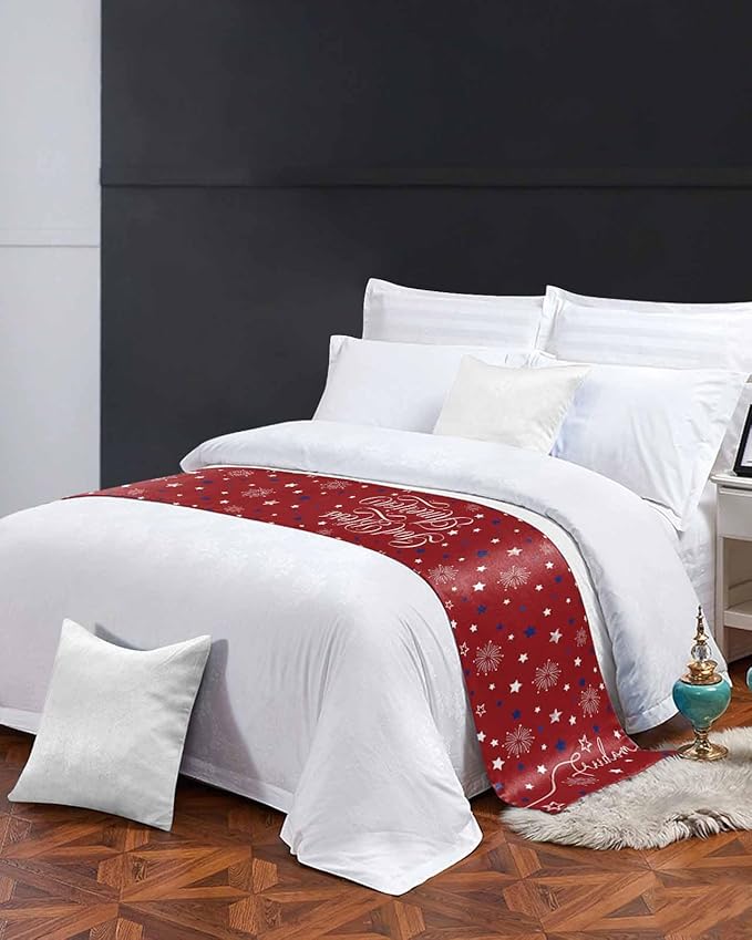 Independence Day Blue White Star Bed Runners for Bedroom Hotel,Decorative Bedding Scarf Freedom Celebration on Red Bed End Blanket Bedding Runner Scarves for Full Size Bed,83x20in