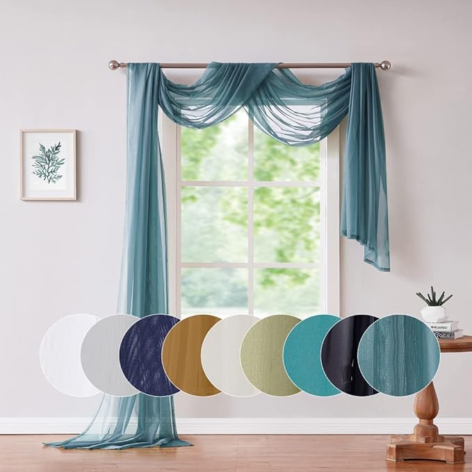 Extra Long 56" (W) x 360" (L) (30 Feet) Sheer Dusty Blue Window Scarf. Voile Window Treatments are Perfect As Valance Scarves, Bed Canopy Scarfs, Wedding Decorations. AMA 56" x 360" Dusty Blue