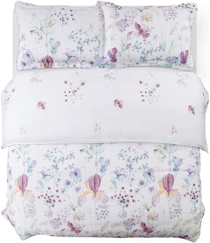 Nanko King Duvet Cover Set, White Red Blue Floral & Green Leaf Print Pattern 3 Piece - Microfiber Bedding Comforter Quilt Cover Zip Closure, Tie - Modern Style for Men and Women, 104X90 inch Flower