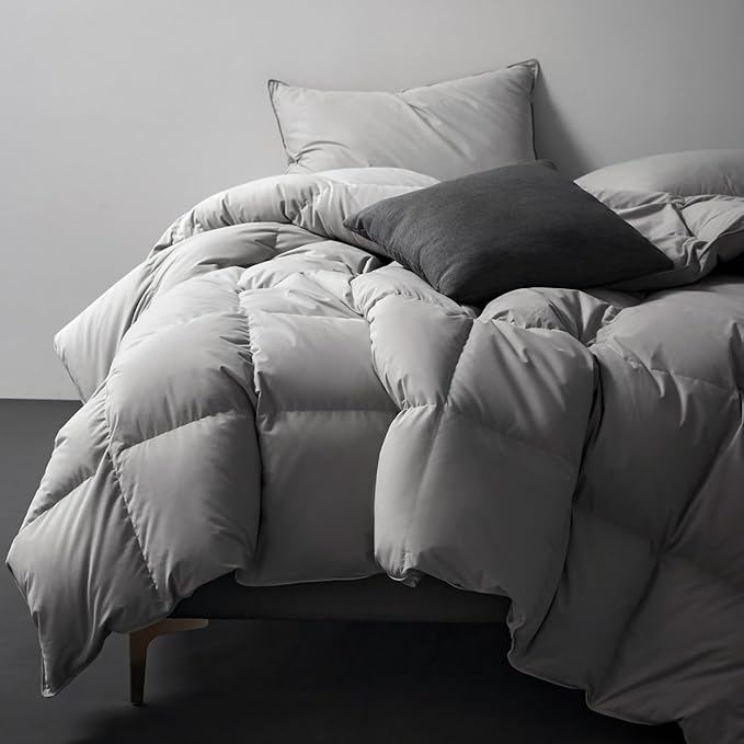 Royoliving Premium Feathers Down Duvet Insert Comforter Queen Size Gray All Season Medium Warmth Grey 100% Cotton Cover with Corner Tabs (90x90, 50 oz)