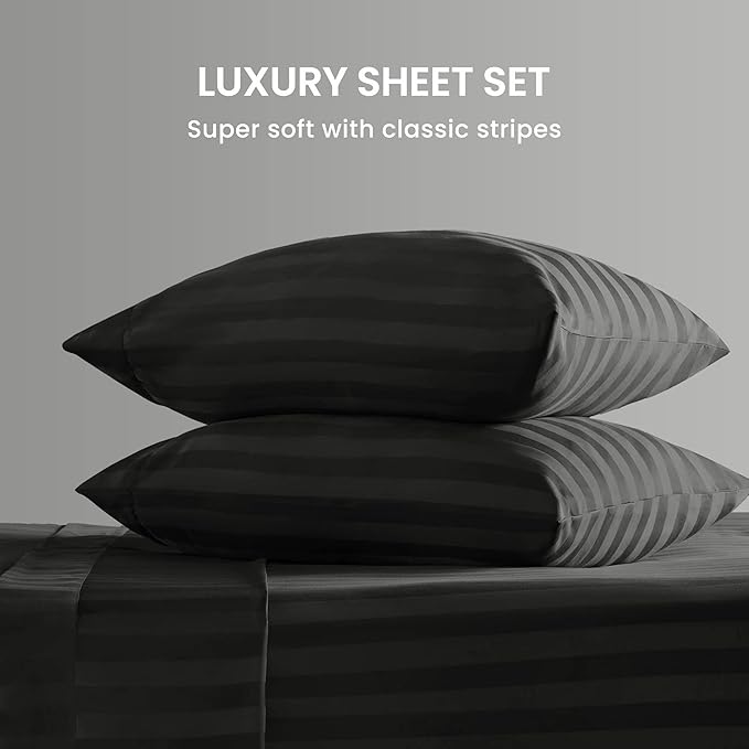 SLEEP ZONE Striped Cooling Queen Sheets Set - Fitted Flat Sheet & Pillowcase Sets 4 Piece - Super Soft Stripe Bed Sheet, Easy Care, Deep Pocket (Black, Queen)