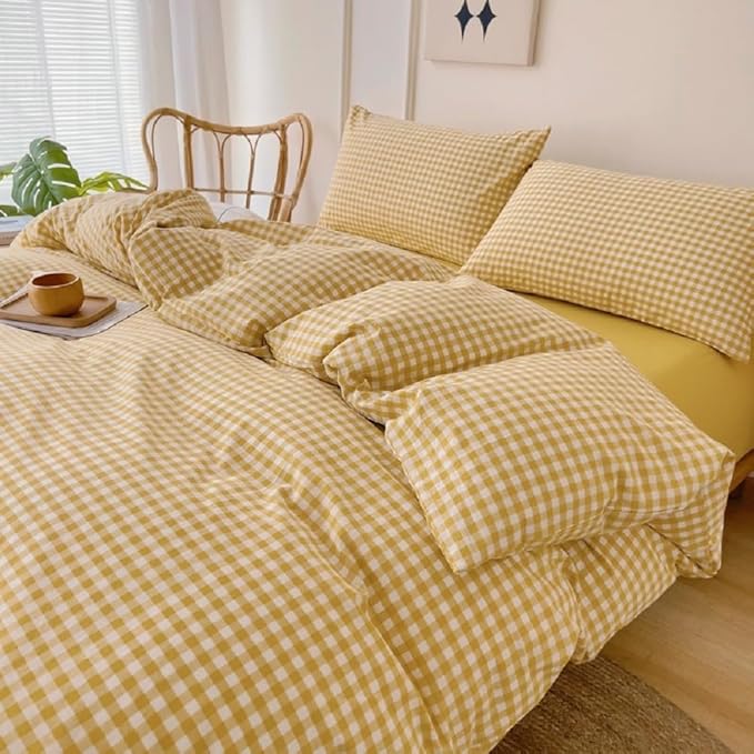 LifeTB Queen Comforter Set Modern Style Yellow Gingham Comforter Geometric Plaid Printed Bedding Comforter with 2 Pillow Shams Fluffy Lightweight Gingham Bedding Grid Checkered Comforter Set