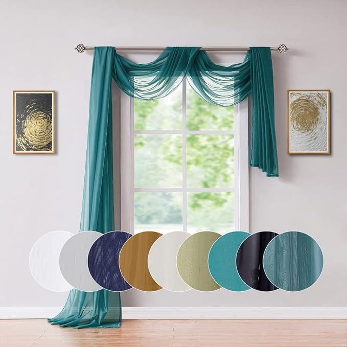 Long Length 55" (W) x 216" (L) Green Teal Sheer Window Scarf. Voile Window Treatments are Perfect As Valance Scarves, Canopy Bed Scarf Or Wedding Decoration. AMA 56" x 216" Teal
