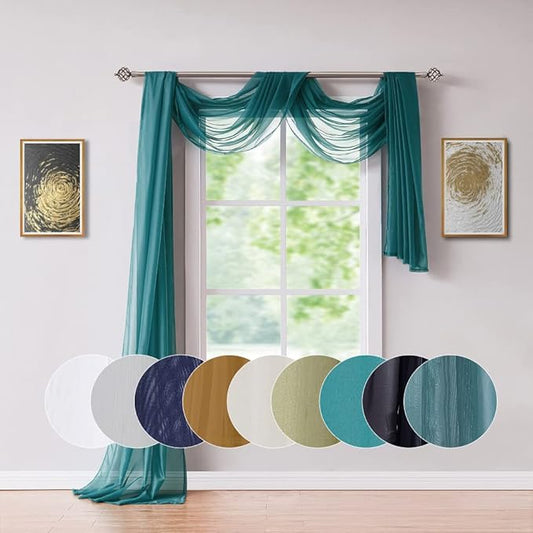 Long Length 55" (W) x 216" (L) Green Teal Sheer Window Scarf. Voile Window Treatments are Perfect As Valance Scarves, Canopy Bed Scarf Or Wedding Decoration. AMA 56" x 216" Teal