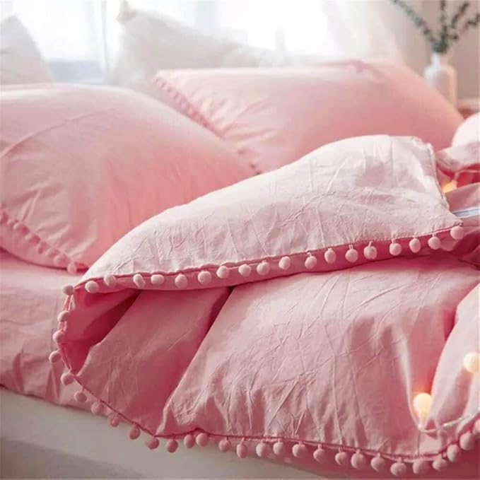 TanNicoor Pom Fringe Duvet Cover Set - 2 Piece Natural Ultra SOFE Color Washed Microfiber Bedding Set, Modern Style Down Comforter Quilt Cover with Zipper Closure(Twin,Peach Pink)