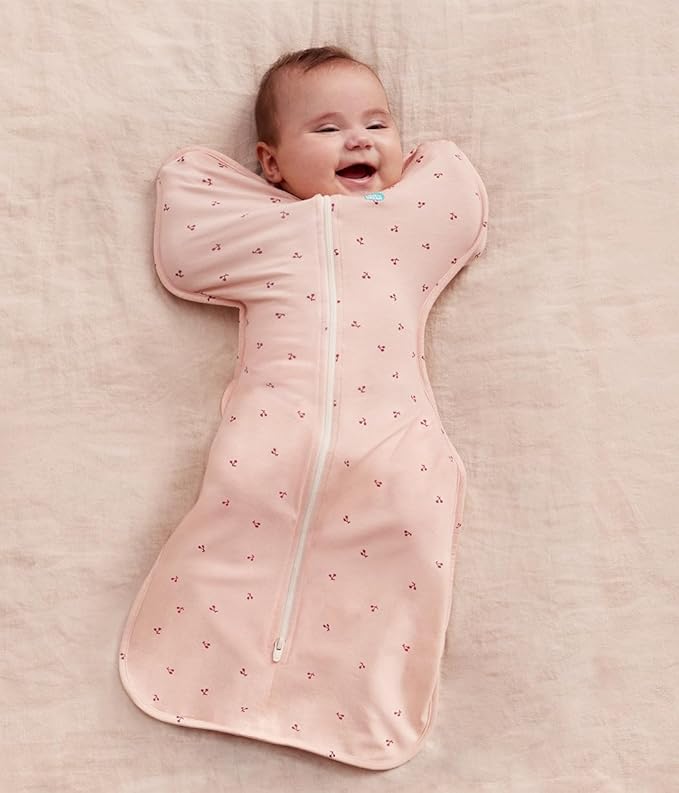 Love to Dream Swaddle Up Bamboo, Arms Up Position, Soft and Luxurious 100% Viscose from Bamboo - Wearable Blanket - 1.0 TOG - (20-24°C) Ideal for Moderate Temps (Cherries Blush, Newborn, 2.2–3.8kg)