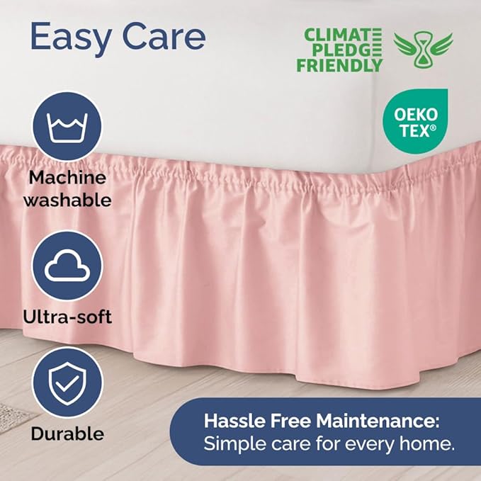 Wrap Around Dust Ruffle Bed Skirt - Baby Pink - Full Size Beds w/ 15 Inch Drop - Easy Fit Elastic Strap - Adjustable Pleated Bedskirt w/Brushed Fabric - Wrinkle Free - Women, Men, Kids & Teens
