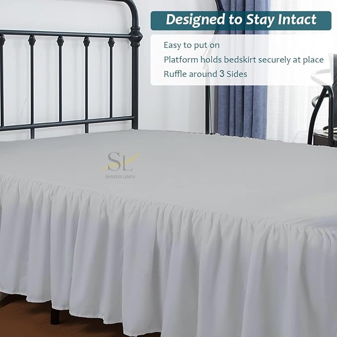 Shreem Linen Ruffled Bed Skirt with Split Corners, Gathered Style, 100% Microfiber, 12-Inch Drop, Dust Ruffle Bedskirt with Platform, Queen, Light Grey
