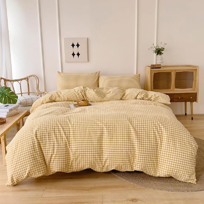LifeTB Queen Comforter Set Modern Style Yellow Gingham Comforter Geometric Plaid Printed Bedding Comforter with 2 Pillow Shams Fluffy Lightweight Gingham Bedding Grid Checkered Comforter Set