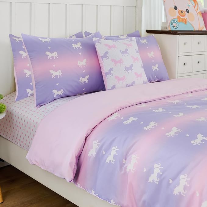 Cokouchyi Full Comforter Sets for Boys Girls, Unicorn Glow in The Dark Kids Bedding Sets, 6 Pcs Full Bed in a Bag with Comforter, Sheets, Pillow Sham, Cushion Cover, Unicorn