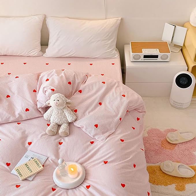 Nayoroom Full Size Cute Red Heart Pink Striped Duvet Cover Set with Zipper Closure Soft Breathable Microfiber 3Pcs Kids Girls Kawaii Heart-Shaped Comforter Cover