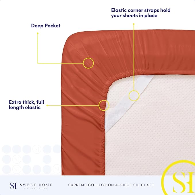 California King Sheet Sets - Breathable Luxury Sheets with Full Elastic & Secure Corner Straps Built In - 1800 Supreme Collection Cal King Deep Pocket Bedding Set, Sheet Set, California King, Rust
