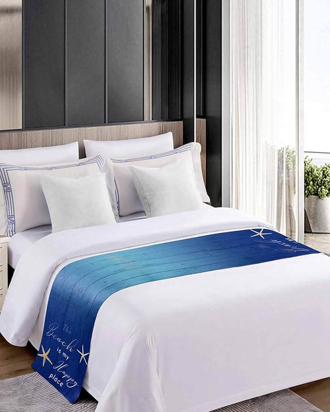 Happy Beach Place Marine Starfish Bed Runners for Bedroom Hotel,Decorative Bedding Scarf Gradient Blue Wood Grain Bed End Blanket Bedding Runner Scarves for Queen Size Bed,94x20in