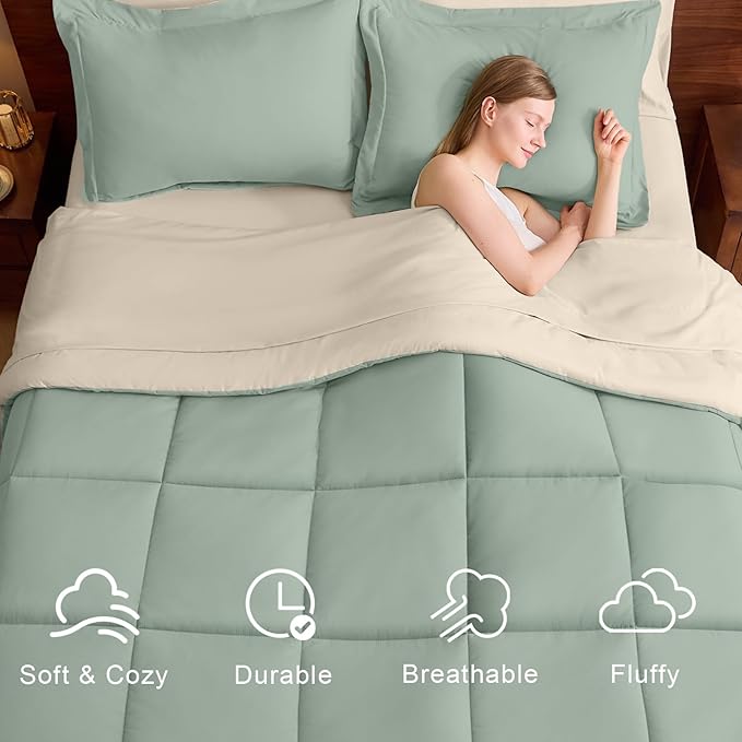 FUANNA King Size Comforter Set 7 Pieces, Reversible Bedding Sets with All Season Soft Comforter, Bed in a Bag Includes Comforter, Flat Sheet, Fitted Sheet, Pillowcases & Shams, Sage Green & Beige