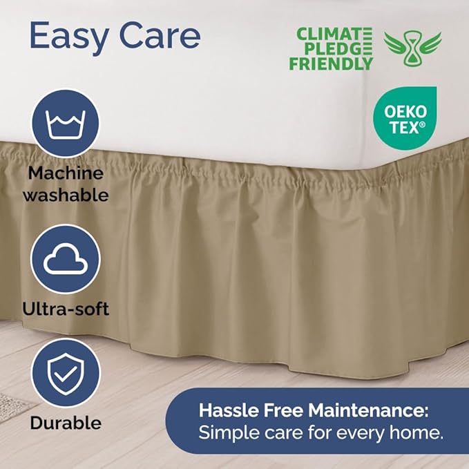 Wrap Around Dust Ruffle Bed Skirt - Beige - for Queen Size Beds with 15 Inch Drop - Easy Fit Elastic Strap - Adjustable Pleated Bedskirt w/Brushed Fabric - Wrinkle Free - for Women, Men, Kids & Teens