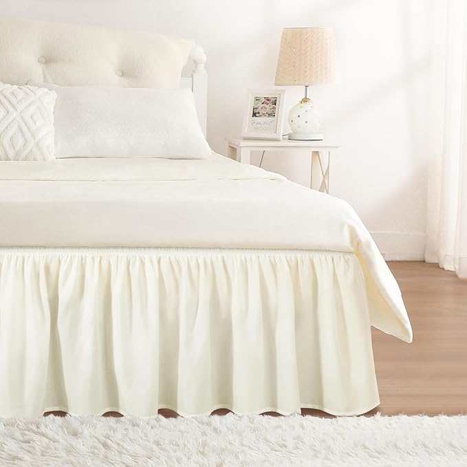 RIMELA Cream Queen Bed Skirt 18 Inch Drop, Wrap Around Elastic Bed Skirts Queen Size Dust Ruffle, Bedskirt for Adjustable Bed Base Solid Fade Resistant Silky Fabric Machine Washable