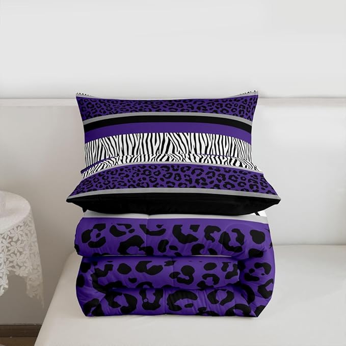 Feelyou Leopard Print Comforter Set Zebra Stripes Bedding Set for Kids Boys Girls Teens Purple Black White Zebra Leopard Fur Comforter Safari Animal Hair Duvet Set Room Decor Quilt Set Queen Size