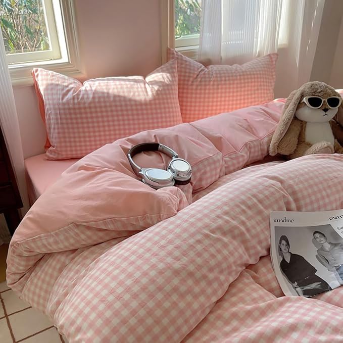 Nayoroom Gingham Duvet Cover Queen Size Reversible Pink Plaid Checkered Duvet Cover 3 Pieces Soft Breathable Washed Microfiber Girls Dorm Bedding Set for All Seasons