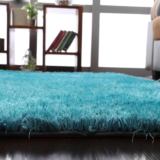 Hand Tufted SHAG Polyester ECO-Friendly Area Rugs - 4'x6', Rectangle, Turquoise, Solid Plain Design, High Pile Thick Handmade Anti Skid Area Rugs for Living Room, Bed Room K00111