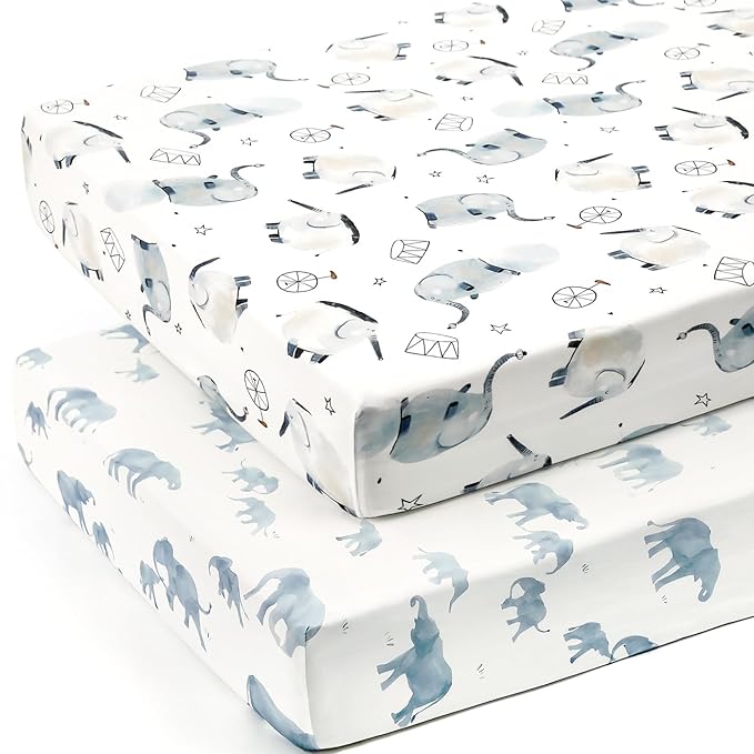 GRSSDER Stretchy Ultra Soft Jersey Knit Fitted Crib Sheets Set 2 Pack，Universal Fit All Standard Crib Mattress Pads Safe and Snug, Stylish Crib Fitted Sheet for Boys and Girls, Cute Elephant