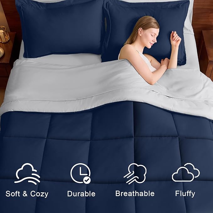 FUANNA King Size Comforter Set 7 Pieces, Reversible Bedding Sets with All Season Soft Comforter, Bed in a Bag Includes Comforter, Flat Sheet, Fitted Sheet, Pillowcases & Shams, Navy Blue & Light Grey