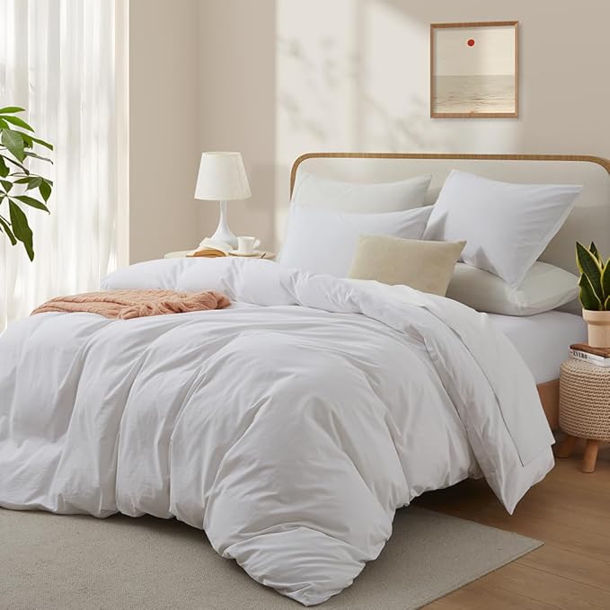 White Duvet Cover Full Size, 100% Washed Cotton Linen Like Bedding Set with Zipper Closure (No Comforter), 80x90 Inches