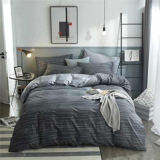 LifeTB Striped Comforter Set Queen Grey Striped Bedding Comforter 3 Pieces Geometric Comforter Set 1 Stripe Comforter Queen with 2 Pillowcases Grey Stripe Fluffy Bed Set for All Seasons