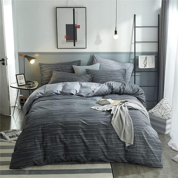 Striped Comforter Set King Size Grey Striped Bedding Comforter 3 Pieces King Comforter Set 1 Stripe Comforter with 2 Pillowcases Geometric Stripes Fluffy Microfiber Comforter King for All Seasons