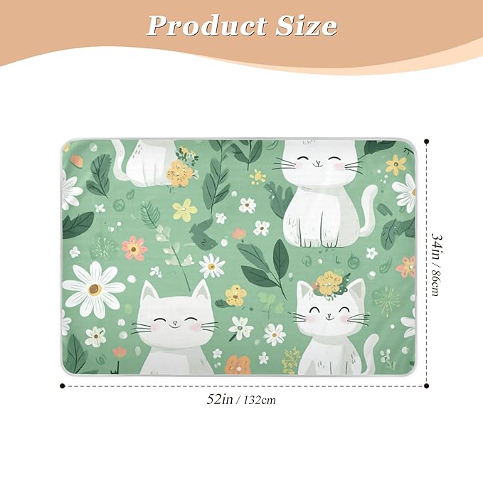 Waterproof Bed Pad Reusable Changing Pad Toddler Mattress Protector Large Pee Pad Baby Diaper Pad Soft Washable Liner Green Cute Cats and Flowers
