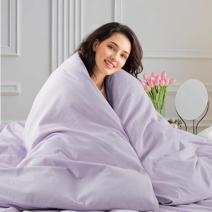 NEXHOME PRO Twin Duvet Cover Set, 100% Washed Cotton with Linen-Like Texture, Natural Organic, Breathable & Comfortable, Includes Home Bedding Set Lilac (No Comforter) 6890