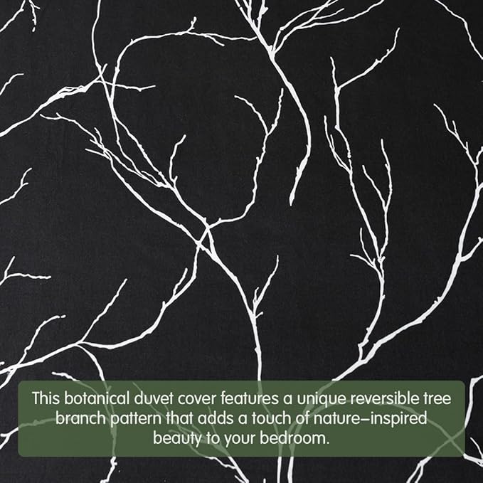 Lekesky Reversible Duvet Cover Queen Size, Black Branch Comforter Cover Queen 3pcs Microfiber Botanical Bedding Set with Zipper Closure Corner Ties