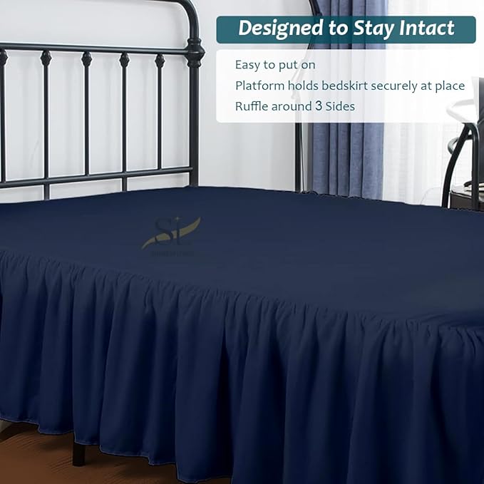 Shreem Linen Ruffled Bed Skirt with Split Corners, Gathered Style, 100% Microfiber, 10-Inch Drop, Dust Ruffle Bedskirt with Platform, RV King, Navy Blue
