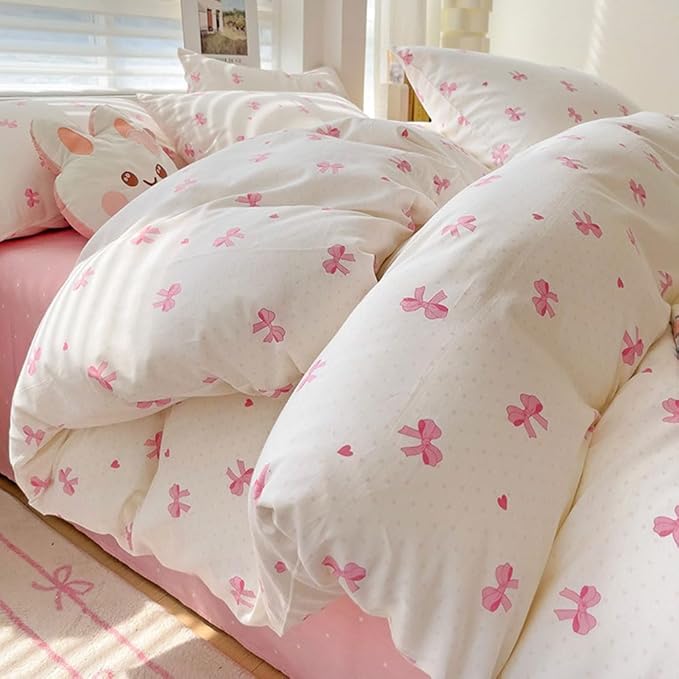 Nayoroom Pink Bow Duvet Cover Full Size Heart Bows Printed Coquette Bedding Set 3 Pcs Kids Girls Cute Comforter Cover with Zipper Closure Soft Breathable Microfiber