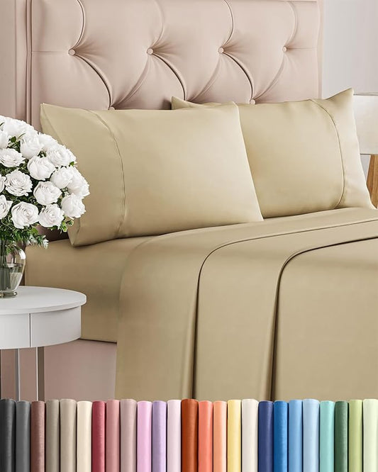Twin XL 4 Piece Sheet Set - Comfy Breathable & Cooling - Ultra Soft Hotel Luxury Bedding Set w/ 8-16 Inch Deep Pockets - 1 Flat & 1 Fitted Sheet & 2 Pillowcases - Wrinkle Free and Easy Care - Beige