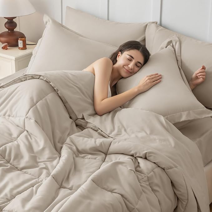 JOLLYVOGUE King Comforter Set, Ultra-Soft Bed in a Bag King Size 7 Pieces, Oeko-TEX Certified Bedding Set with Down Alternative Comforter, Sheets, Pillowcases & Shams, Oatmeal