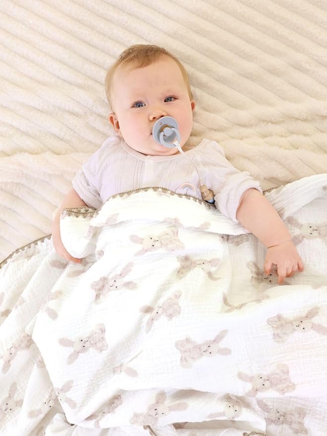Double Layered 100% Cotton Muslin Baby Blanket Ultra-Soft 40x40 Inch Swaddling Nursery Crib Blanket(Bunny)