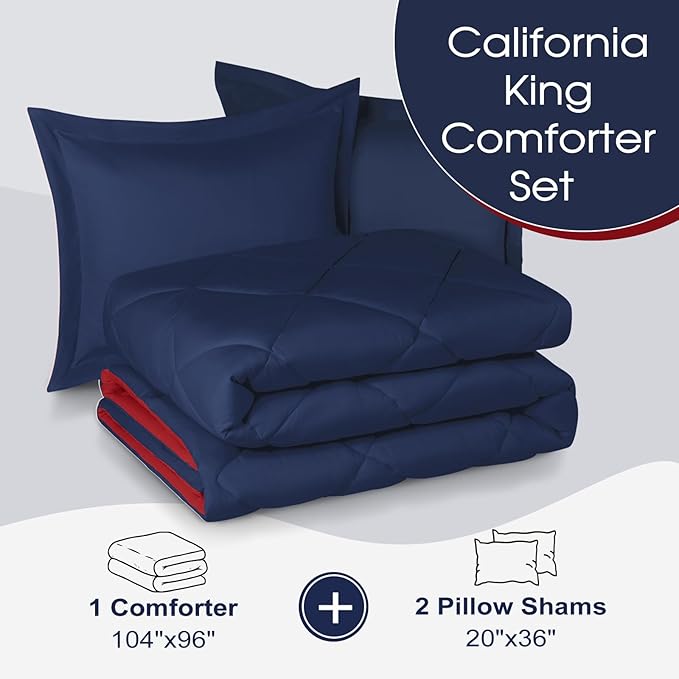 Basic Beyond California King Comforter Set, Navy and Red Comforter Set California King for All Seasons, 1 Comforter 104"x96" and 2 Pillow Shams 20"x36"+2"