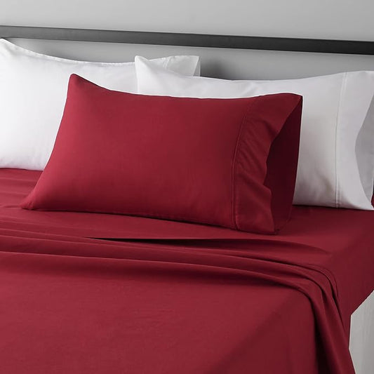 Amazon Basics Lightweight Breathable Brushed Microfiber 3 Piece Wrinkle Resistant Sheet Set with 14-Inch Deep Pockets, Twin XL, Burgundy, Solid