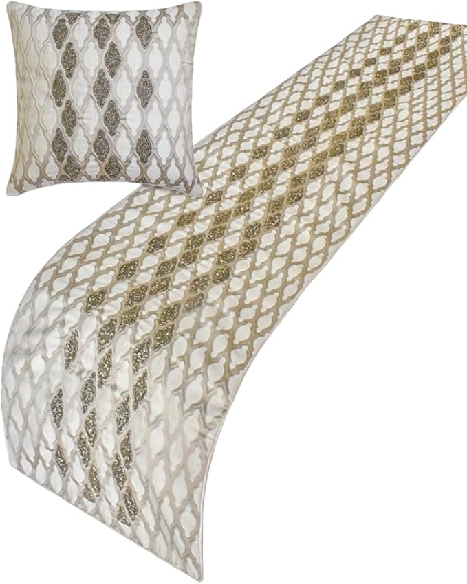 The HomeCentric King/Queen/Twin Ivory Luxury King 90"x18" Bed Runner with One Pillow Cover, Bead Hand Embroidery Bed Scarf on Jacquard Fabric - Priscilla Dazzle