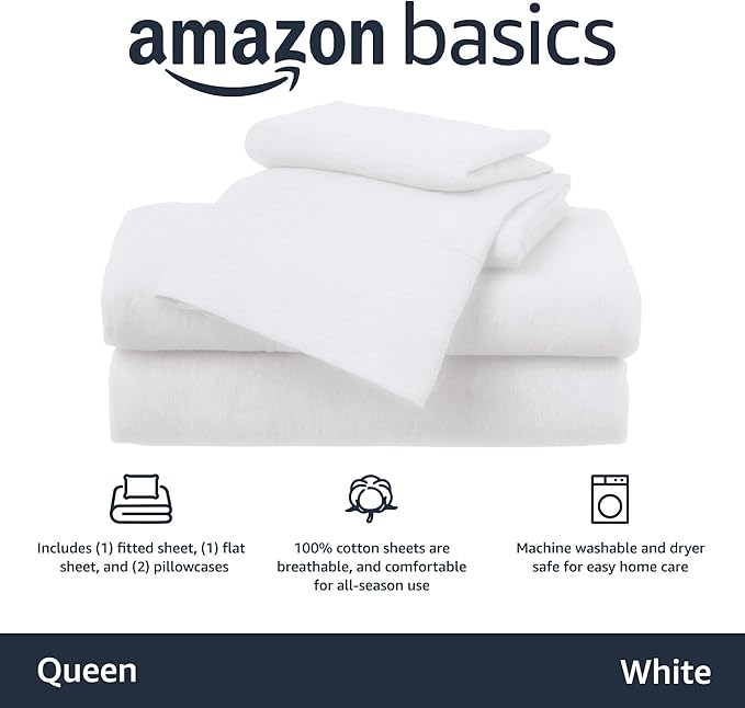 Amazon Basics 4 Piece Comfortable Cotton Jersey Bed Sheet Set,Includes Soft Flat and Fitted Sheets,Pillowcase,Queen,White,Solid,(Pack of 4)