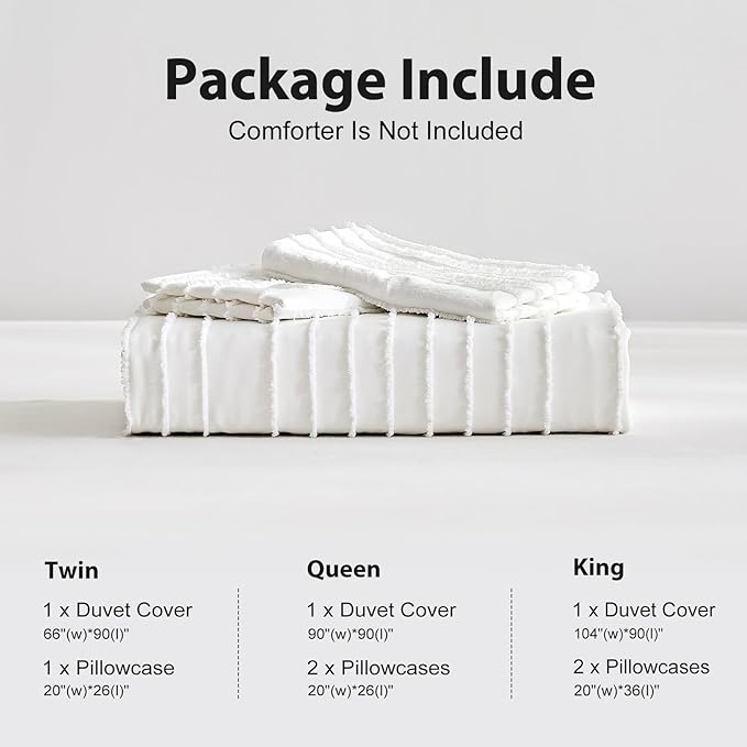 WARMDERN White Boho Duvet Cover Set, Striped Textured Tufted Bedding, Twin Size Washed Microfiber Duvet with Zipper Closure & Corner Ties