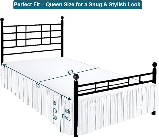 Shreem Linen Ruffled Bed Skirt with Split Corners, Gathered Style, 100% Microfiber, 18-Inch Drop, Dust Ruffle Bedskirt with Platform, Queen, White