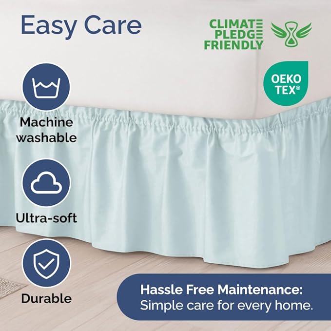 Wrap Around Dust Ruffle Bed Skirt - Ice Blue - Twin/Twin XL Size Beds w/ 12 Inch Drop - Easy Fit Elastic Strap - Adjustable Pleated Bedskirt w/Brushed Fabric - Wrinkle Free - Women, Men, Kids & Teens
