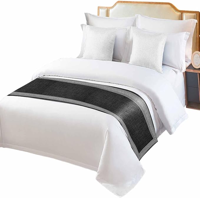 Greece Key Design Black White Bed Runners for Bedroom Hotel,Decorative Bedding Scarf Vintage Burlap Linen Bed End Blanket Bedding Runner Scarves for Queen Size Bed,94x20in