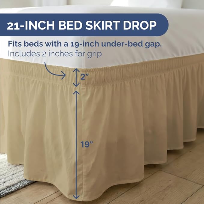 Wrap Around Dust Ruffle Bed Skirt - Beige - for King Size Beds with 21 Inch Drop - Easy Fit Elastic Strap - Adjustable Pleated Bedskirt w/Brushed Fabric - Wrinkle Free - for Women, Men, Kids & Teens