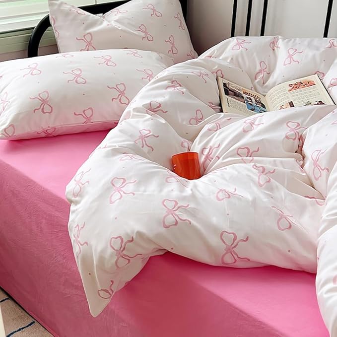 Nayoroom Pink Bow Duvet Cover Full Size Polka Dot Bowknot Coquette Duvet Cover 3 Pieces Soft Lightweight Microfiber Girls Cute Aesthetic Dorm Bedding Set
